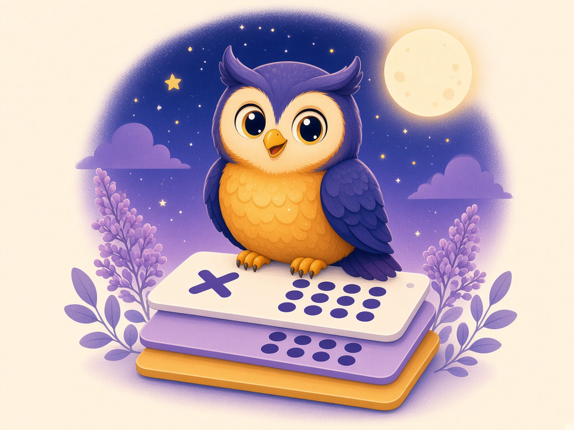 TimesOwl’s owl perched on a stack of multiplication cards at twilight